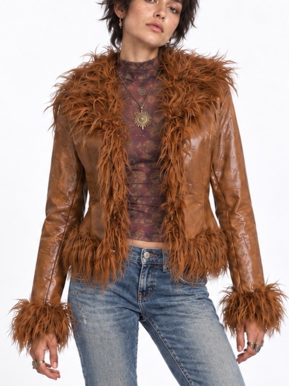 Jennyfer J Y2K Vintage Brown Jacket Coat Faux Leather Faux Fur Trim Medium